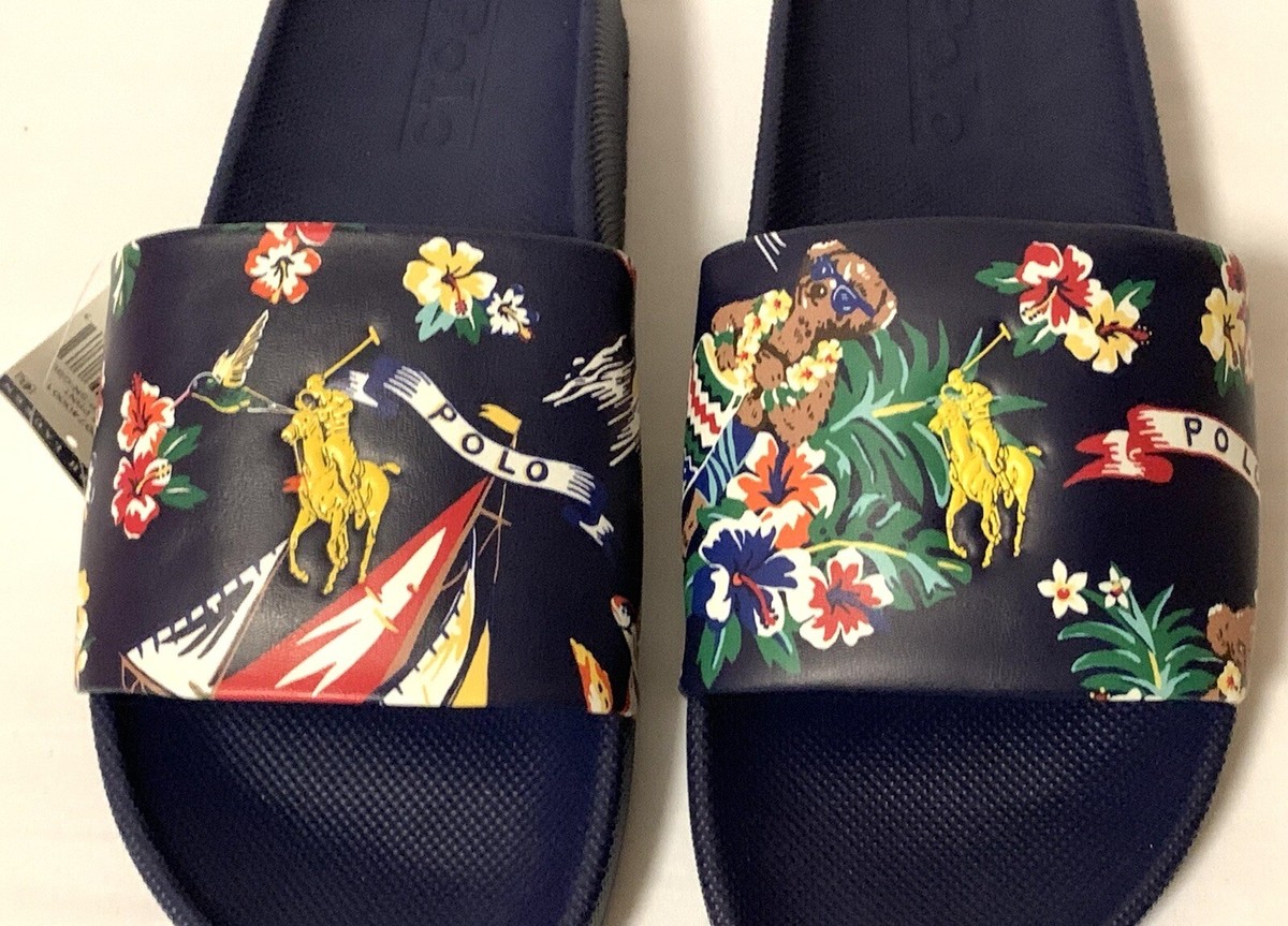 Polo Ralph Lauren Mens Tropical Bear Big Pony Slide Sandals Navy Size US 11
