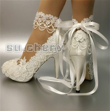 su.cheny 3" 4  heel white ivory satin lace ribbon close toe Wedding Bridal shoes