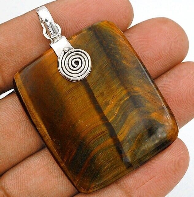 Natural Tiger Eye Stone 925 Sterling Silver Pendant Necklace B9-4