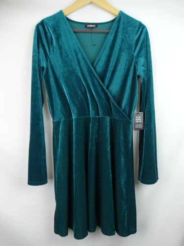 Express Women's Dress Medim Green Long Sleeve Soft Corduroy Wrap Velvet Dress - Picture 10 of 10
