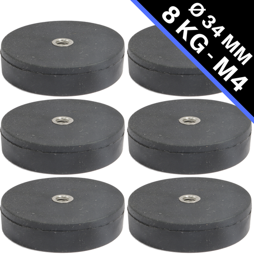 6x Magneti Al Neodimio Gommati – Potenti D=34mm, M4 Filetto Esterno, 8 Kg Forza – Magnet-Kauf