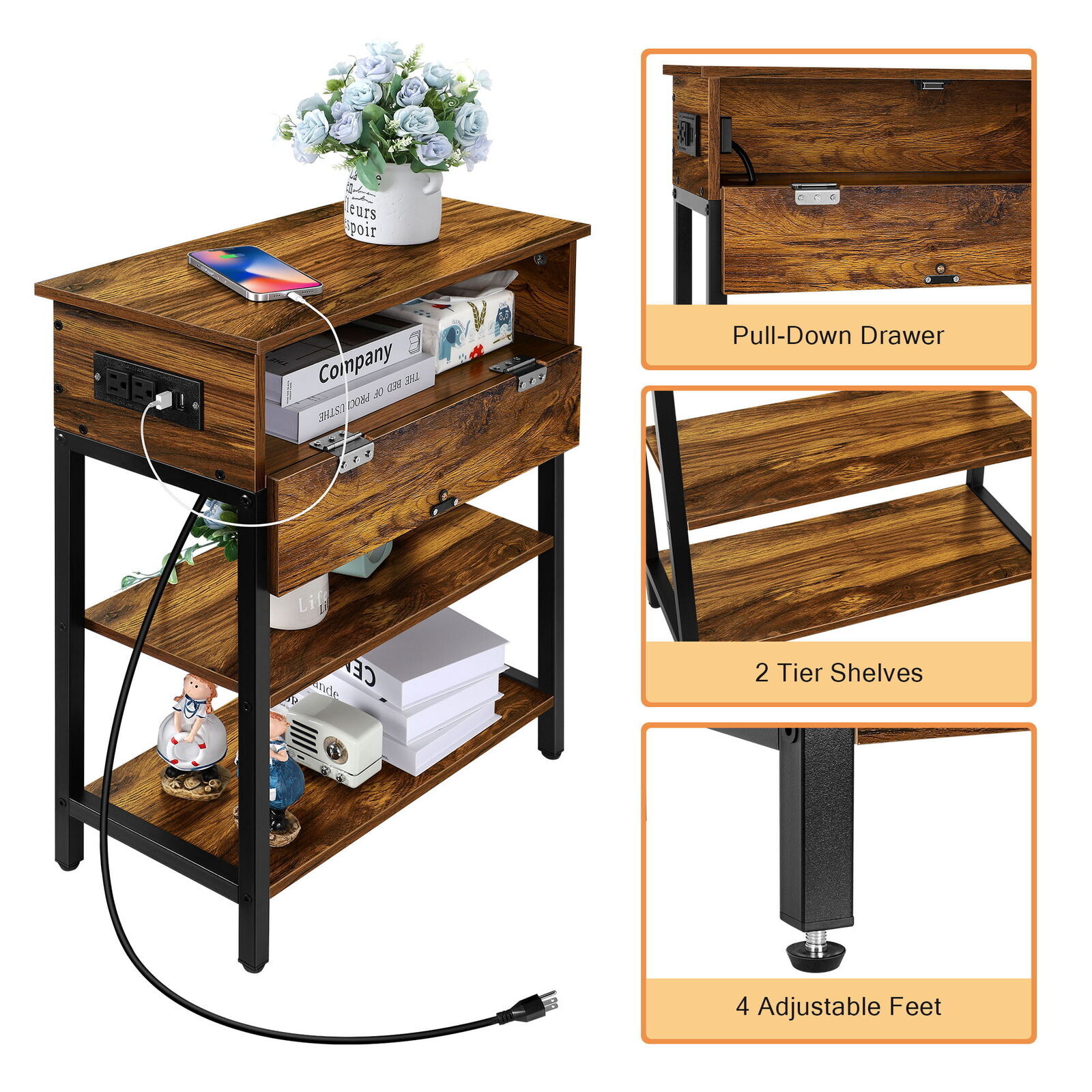 Nightstand with USB Charger Station Black Narrow End Table with Pull Down Drawer eBay