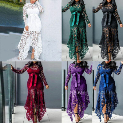 Damen Spitze Lang Maxi Swing Kleid Hochzeit Abend Party Cocktail Ball Kleid US  