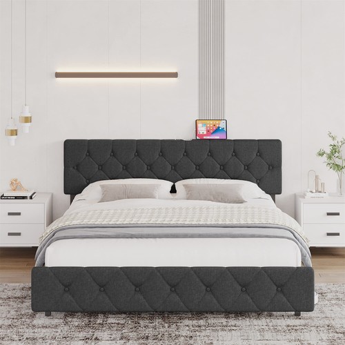 Queen Size Bed Frame with USB Ports Upholstered Platform W/Adjustable Headboard - Picture 2 of 8