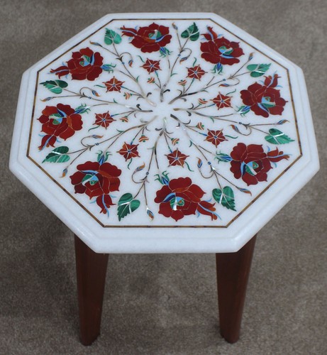 12" hand made marble table top inlaid with semi=precious stone for home decor - Picture 3 of 4