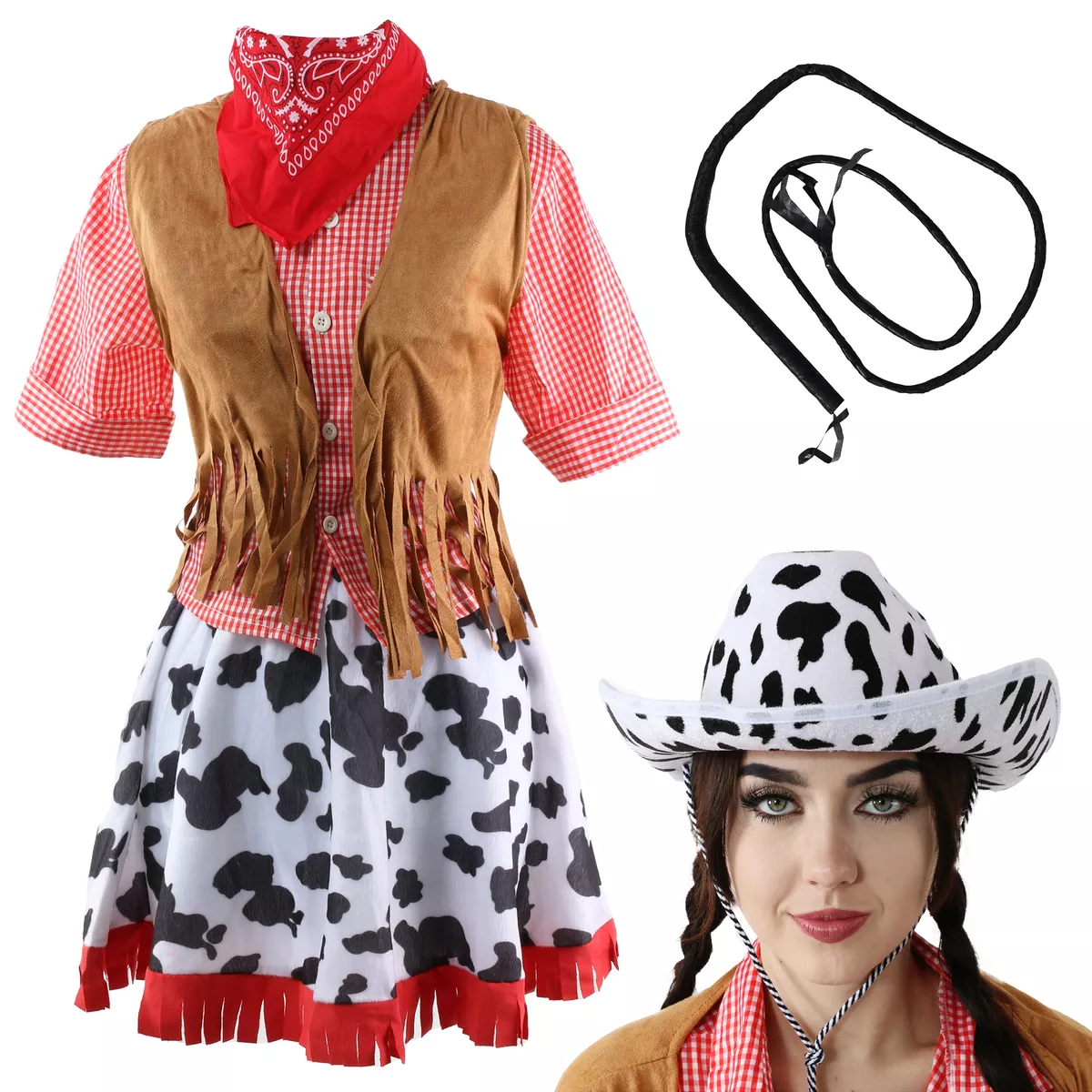 COSTUME DA COWGIRL DONNA E ACCESSORI STAMPA MUCCA WESTERN ADULTI FANTASIA  ABITO