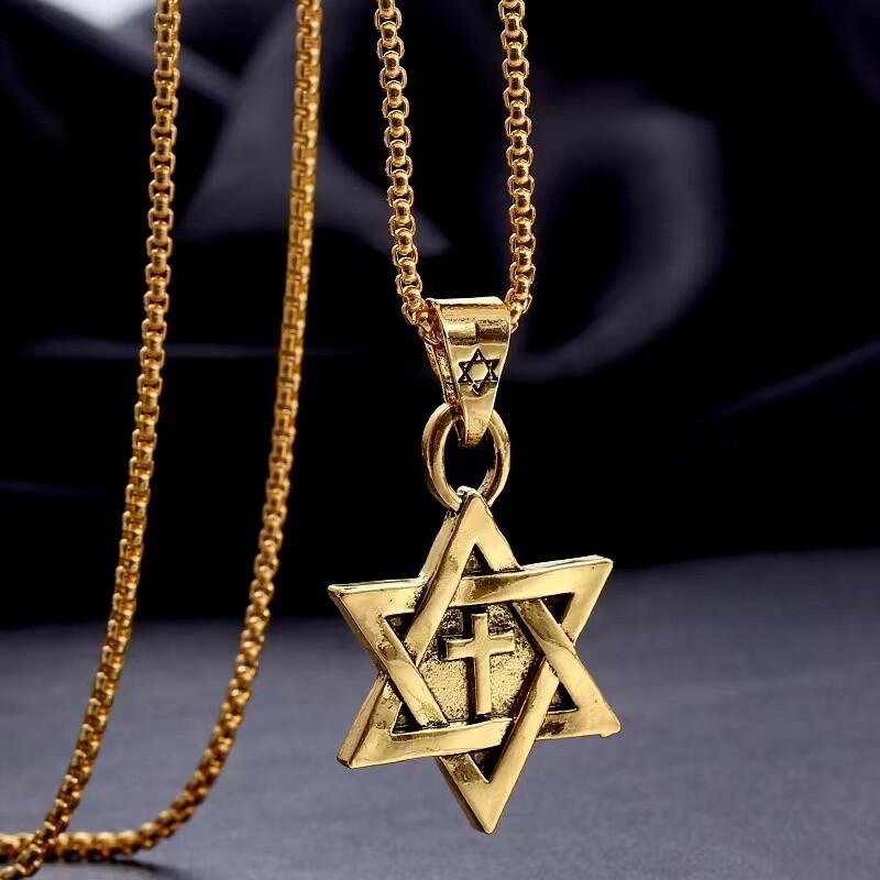 Mens Gold Jewish Star of David Messianic Cross Pendant Necklace