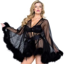 Hollywood Glam Luxury Mini Robe Sheer Marabou Trim Long Sleeves Black LI531