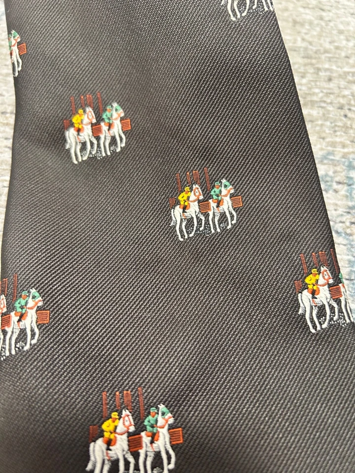 Corbata Hardy Amies vintage marrón carrera de caballos jockey bordada criatura Foto 3 de 4