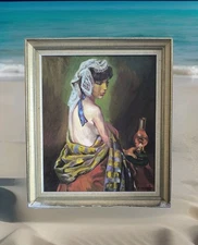 Oil On Canvas R CHAMBON "Gitane At The Lamp" Framed Female Nude