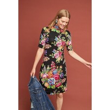Ett:twa Anthropologie Coreyell Turtleneck Dress Black Floral Knee Stretch Medium