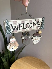 Decorative Rustic Wood Christmas Welcome Sign Handpainted Snowman Santa Reindeer