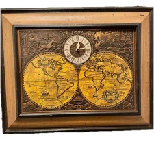 Vtg Clock-Spartus USA Old World Map Wall Clock-3D Copper Face-Tested & Ticks-