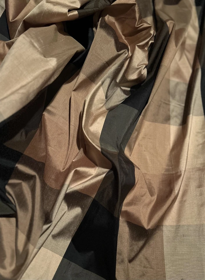 Beige/Negro/Gris 4" Dupioni Shantung Checks 100% Seda 54" W, Por Yarda (SD-62845) Foto 3 de 3
