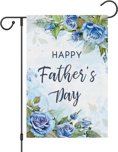 Gartenfahne Happy Vatertag 12 x 18 doppelseitig, Sackleinen blau Blumen Rosengarten - Bild 1 von 6