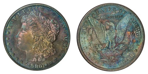 1880-S NGC MS64 MORGAN $ DARK MULTICOLOR BRIGHT RAINBOW TONING (VIDEO}