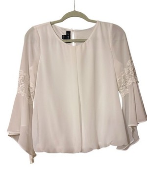 A. Byer White Blouse with Lace Detail and Bell Sleeves