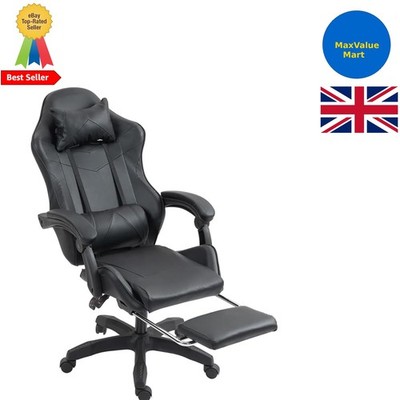 Ergonomischer schwarzer Racing Schreibtischstuhl mit Rollen & versenkbarer Fußstütze