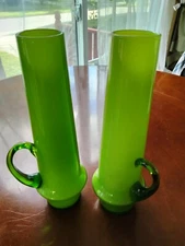 MCM art glass empoli mid century lime green optic pitcher vase PAIR Italy