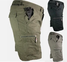 Plain Mens Elasticated Waist Shorts Cargo Combat Pants Bottom Half Pant Zip