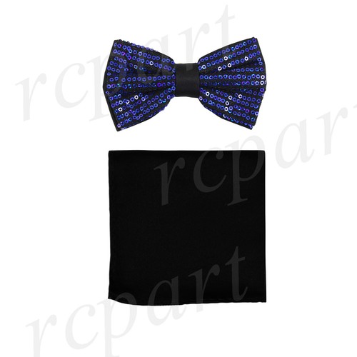 New men's pre-tied bowtie hankie set sequins Black Burgundy Blue Silver Gold - Picture 4 of 7
