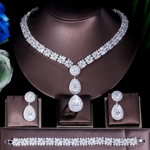 Silver Plated Water Drop Necklace Bracelet Earrings Ring CZ Wedding Jewelry Set