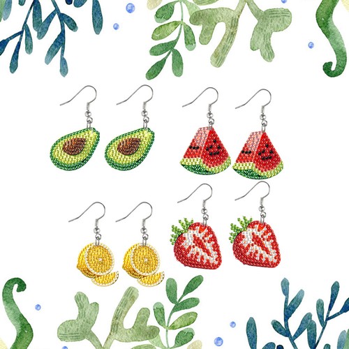 4 Pairs Double Sided Diamond Painting Earrings DIY Earrings Making Kit (Fruits)
