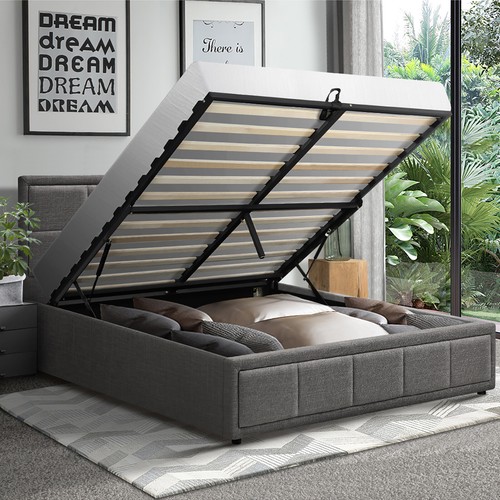 Oikiture Bed Frame Queen Size Gas Lift Storage Base Fabric Grey - Picture 2 of 10