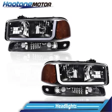 LED DRL Black Headlights W/ Bumper Lamps 4PCS Fit For 1999-2007 GMC Sierra Yukon