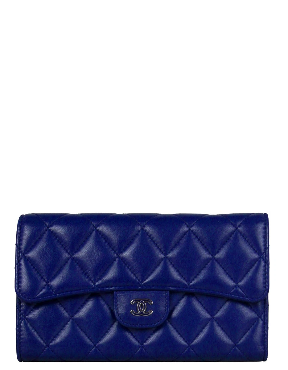 Authentic Chanel Blue Lambskin Leather Quilted Large Gusset Flap Wallet