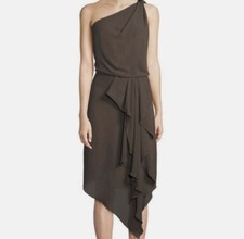 NWT Halston Heritage Sleeveless One Shoulder Midi Drape Dress Brown Size 4