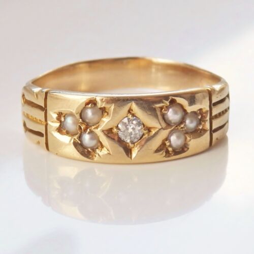 Stunning Antique Victorian 15ct Gold Diamond & Pearl Ring c1890; UK Size 'L 1/2' - Afbeelding 1 van 6