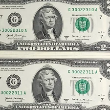 0s 1s 2s 3s Sequential Fancy Serial Number 2 Dollar Bill Crisp Lot of 2 #Q2A