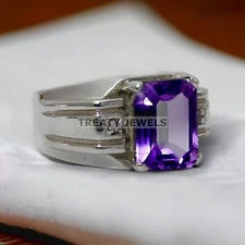 Amethyst Emerald Cut Gemstone With 925 Sterling Silver Ring For Men's #73