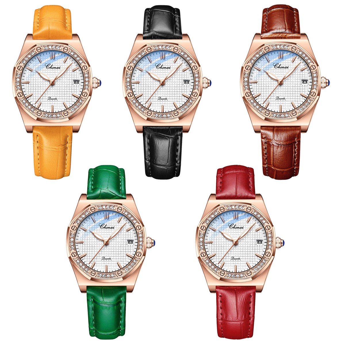 Women Soft Genuine Leather Luminous CZ Grid Dial Casual 