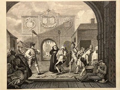 Gate of Calais England 1860 Bilder William Hogarth Antik Stahlstich ENGRAVING - Bild 1 von 4