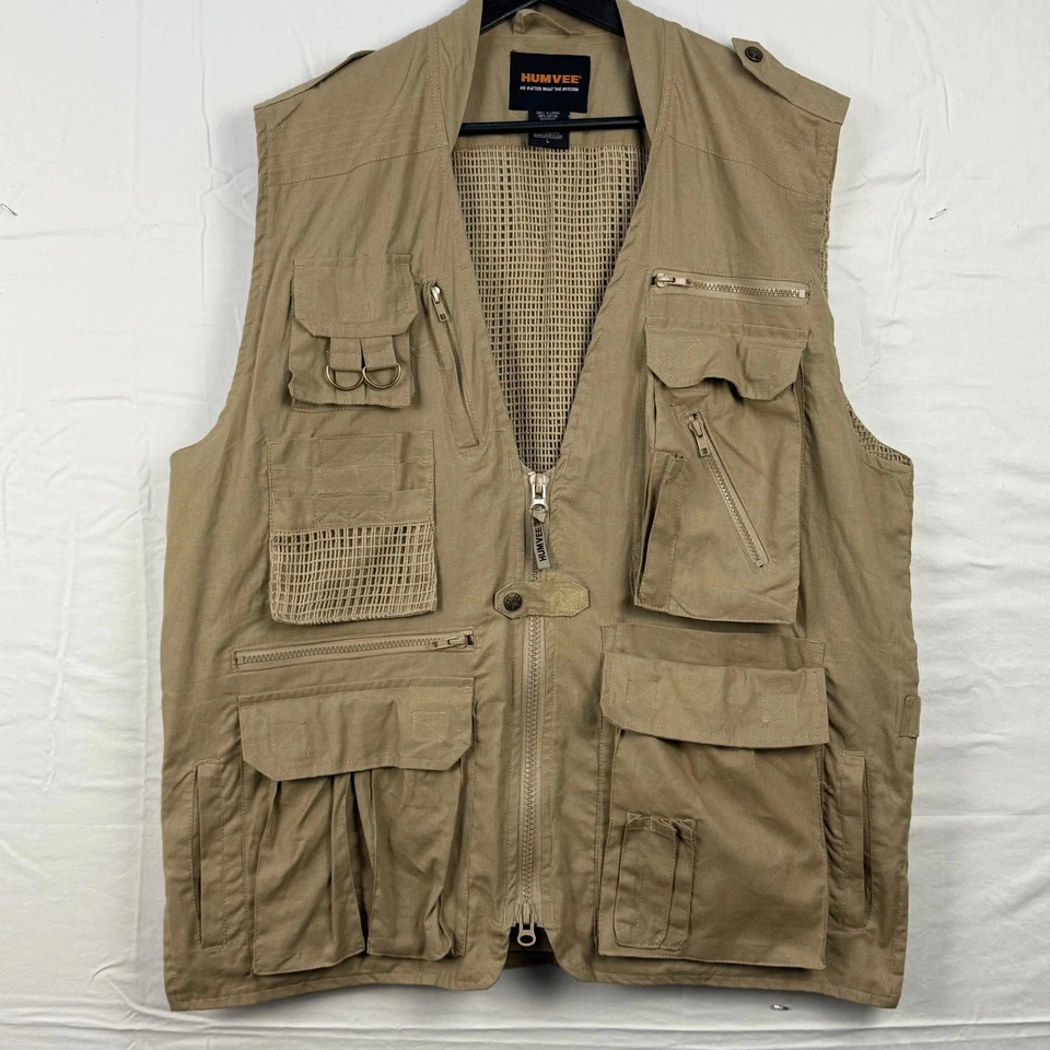 HUMVEE Mens L Utility Vest Multiple Pockets Full Zip Outdoor Tan - Image 2 of 4