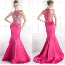 Cinderella Mermaid Maxi High Neck Sleeveless Satin Illusion Prom Dress 6