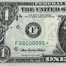 Very Rare Ultra Low Fancy Serial Number $1 Dollar *STAR* Note Double Digit - 95*