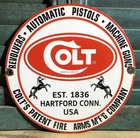 VINTAGE 1961 DATED COLT FIREARMS REVOLVERS PISTOLS GUNS 10” PORCELAIN GAS SIGN