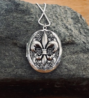 French Fleur de Lis Locket Necklace, Art Nouveau Design, Sterling Silver Chain