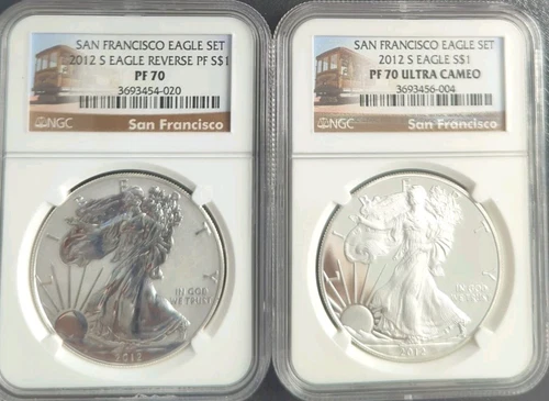 2012 San Francisco NGC PF 70 Silver Eagle 2 Coin Set Trolley Label