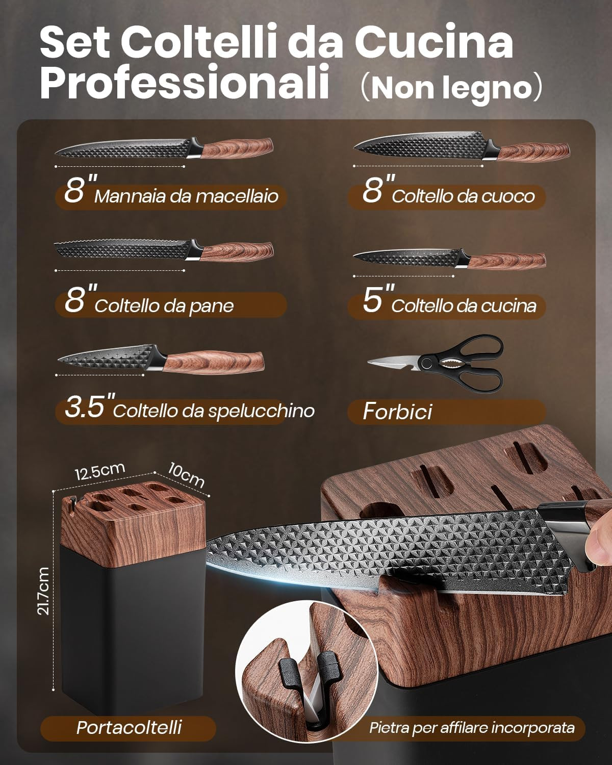 Ceppo Coltelli Cucina 7 Pezzi Acciaio Inox Design Moderno e Sharp - 2