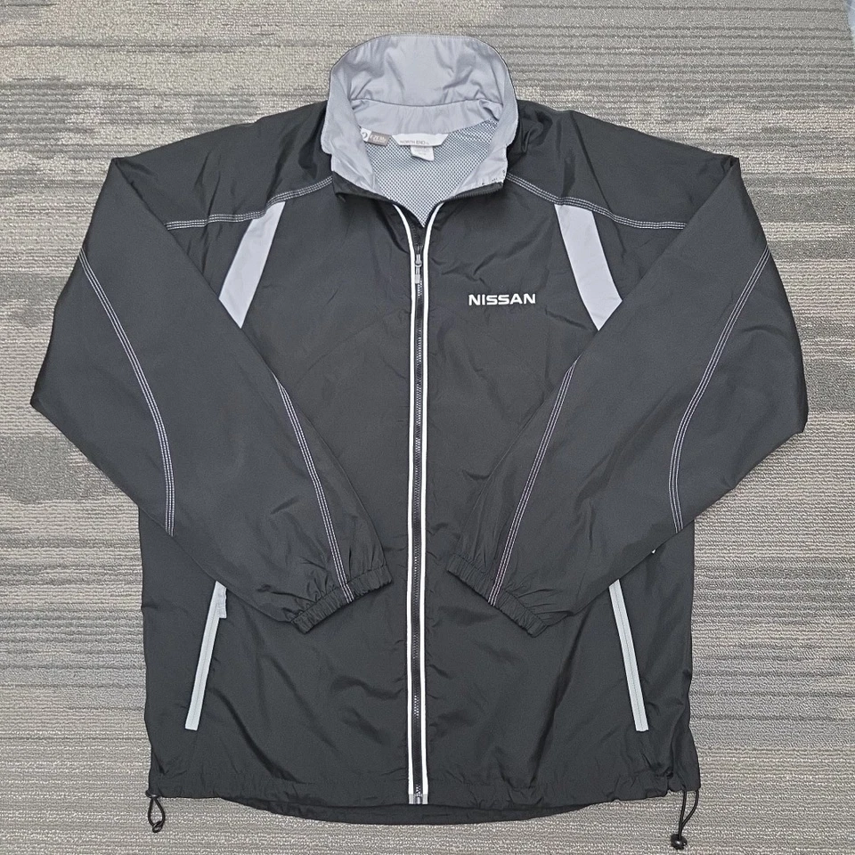 Chaqueta cortavientos Nissan talla mediana negra gris cremallera completa concesionario bordado Foto 2 de 4