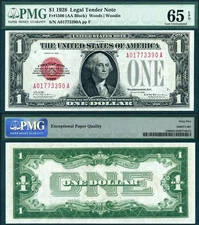 1928 $1 Legal Tender Note FR-1500 PMG Graded Gem 65EPQ S/N A01773390A Red Seal