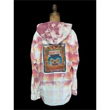 Hooded Flannel Bleach Dye Angry Cat Patch Upcycled Folk Art Shirt Large