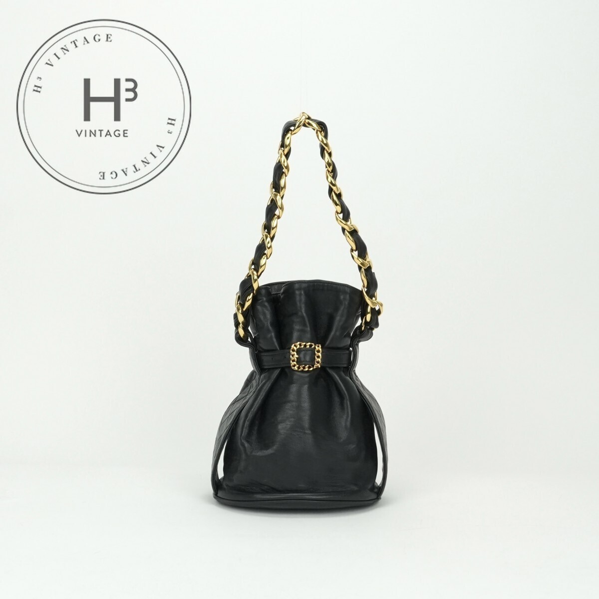 CHANEL Black Lambskin Drawstring Chain Shoulder Bag with Gold Hardware