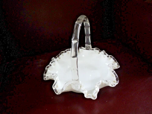 Vintage Fenton silver crest ruffled white bridal basket bamboo handle 8" x 6.5"