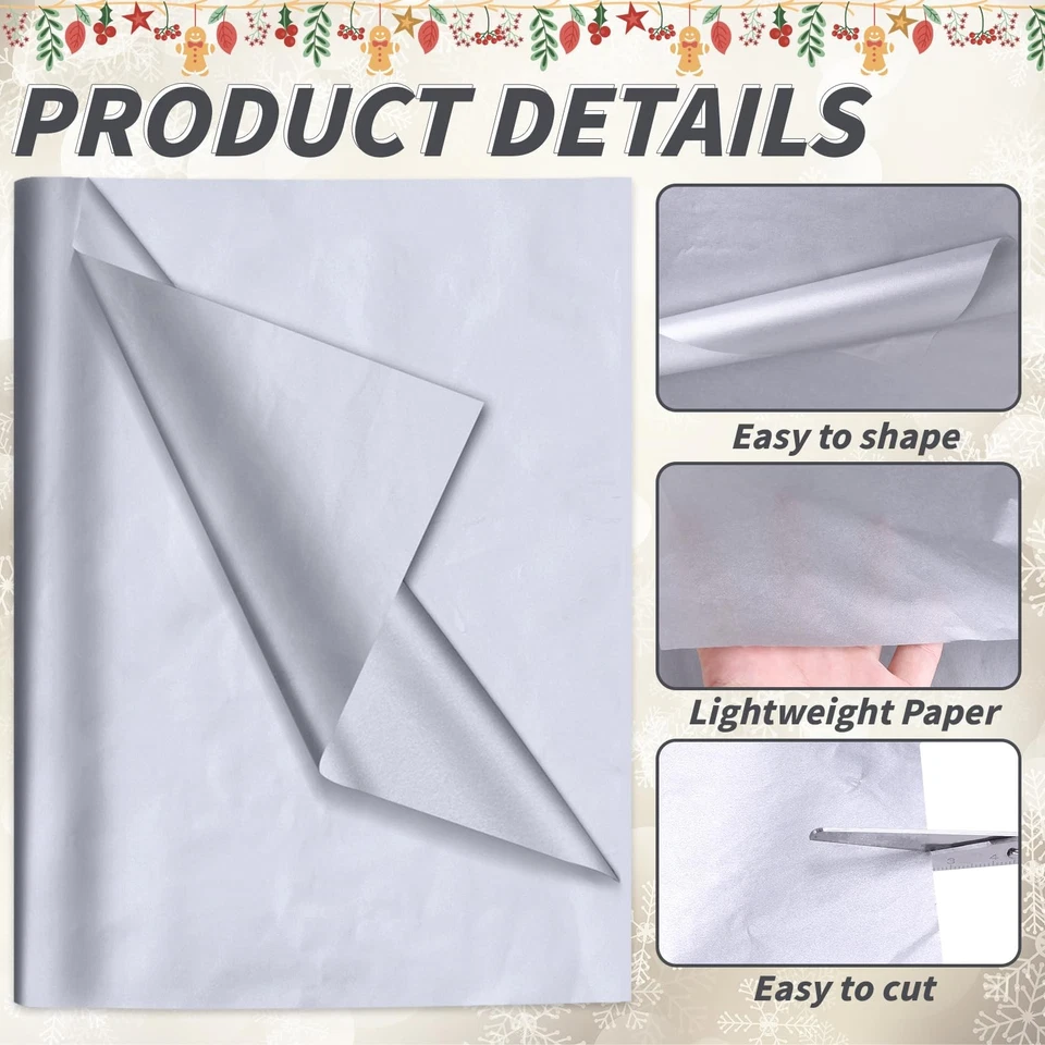 240 Sheets 20"X26" Large Silver Gift Wrapping Tissue Paper Bulk Metallic Pape... - Image 3 of 4