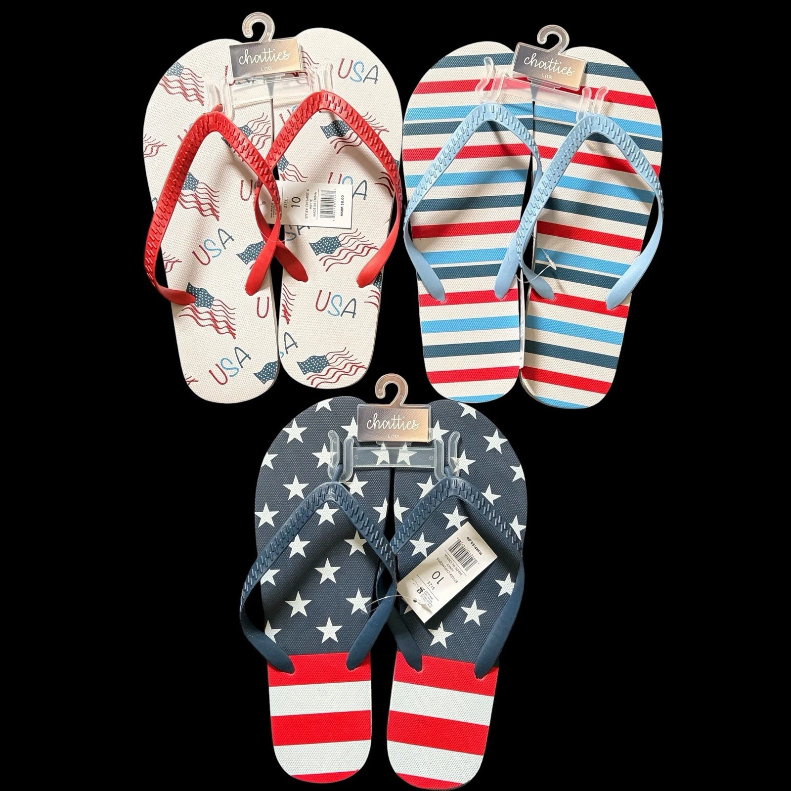 CHATTIES 3pc Sz 10 Unisex USA Flag StarsStripes 4th of July Flip Flop Sandals